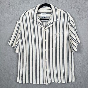American Eagle Shirt Mens M Off White Navy Striped Button Preppy Beach‎ Vacation